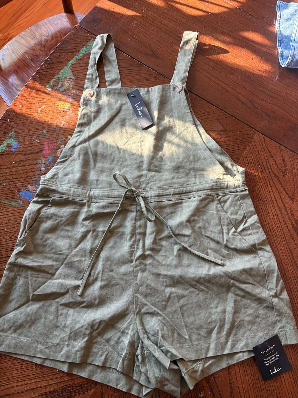 Lulus Olive Green Linen-Blend Shortall Overall Romper with Drawstring Waist